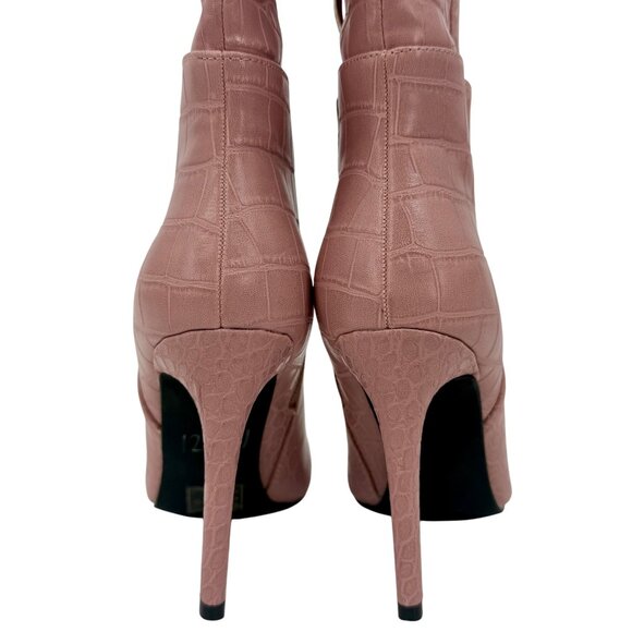 Guess Pink Vegan Croc Pointed Toe Knee High Stiletto Boots | Sexy Baddie Barbie - Picture 5 of 16